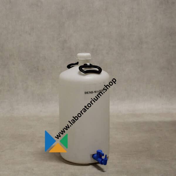 Decanteerfles 25 L, smalle hals, met kraan en schroefdop, HDPE, twee plastic handgrepen